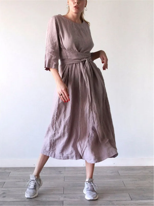 Casual Cotton Linen Crew Neck Maxi Dresses