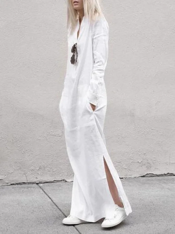 Casual Loose Long Sleeve V-Neck Pocket Linen Maxi Dress