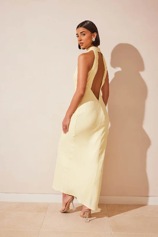 Claire Matte Satin Drape Back Maxi Dress - Light Yellow Trendy Satin Maxi Dress