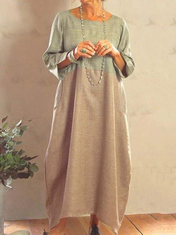 Cotton-blend Casual Plain Crew Neck Maxi Dresses