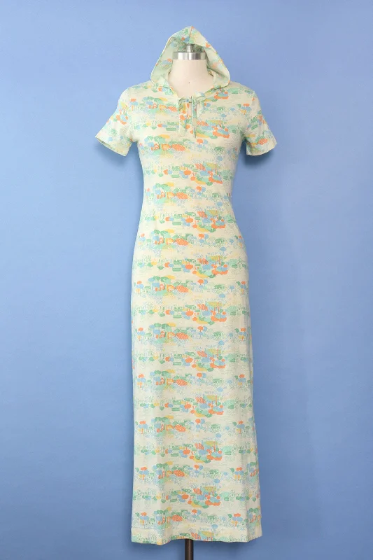 Cucumber Village Hooded Maxi Dress XS-M Fashionable Button-Down Maxi Dress