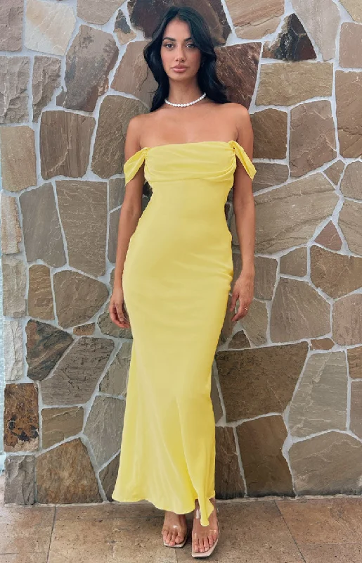 Ella Light Yellow Off Shoulder Formal Maxi Dress Fashionable Open-Back Maxi Dress