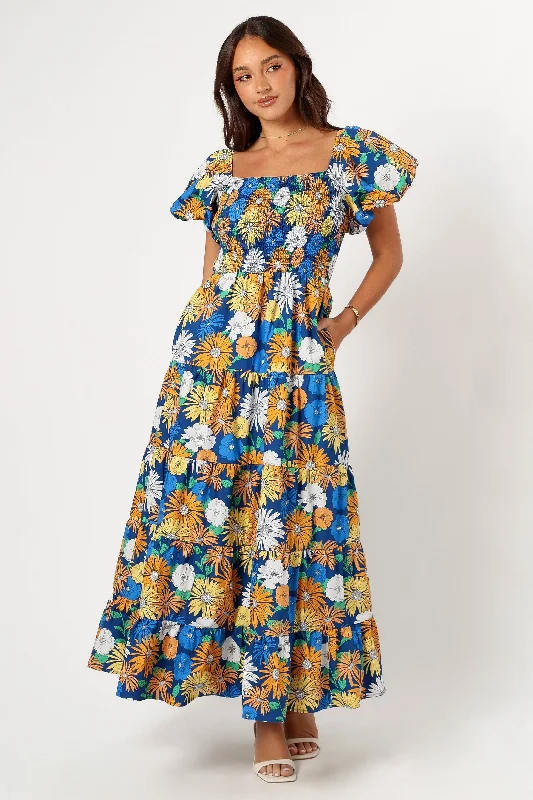 Elsie Short Sleeve Maxi Dress - Denim Blue Stylish Button-Up Maxi Dress