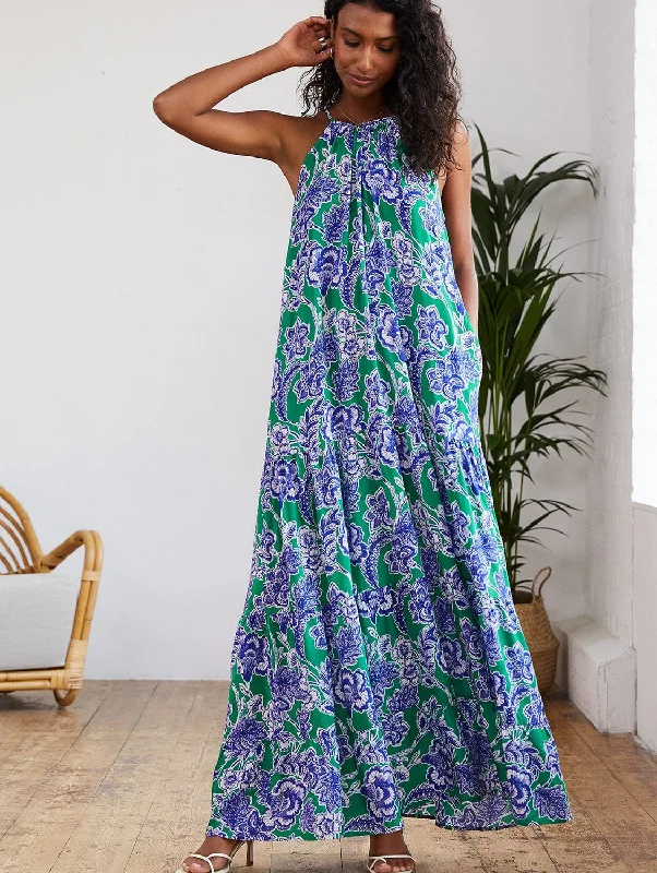 Everly Positano Print LENZING™ ECOVERO™ Halterneck Maxi Dress | Green & Blue Comfortable Long-Sleeve Maxi Dress