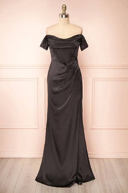 Evolet Black | Off-Shoulder Corset Maxi Dress Chic Button-Up Maxi Dress