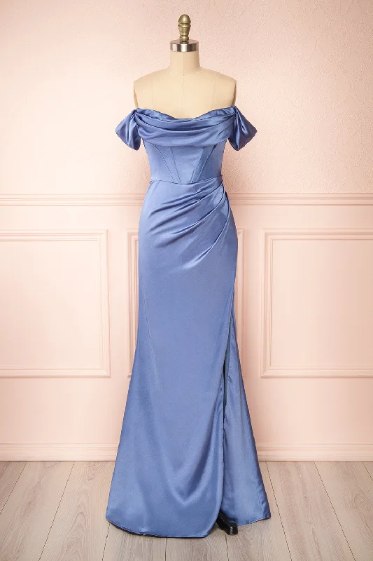 Evolet Blue Grey | Off-Shoulder Corset Maxi Dress Comfortable Pleated Maxi Dress