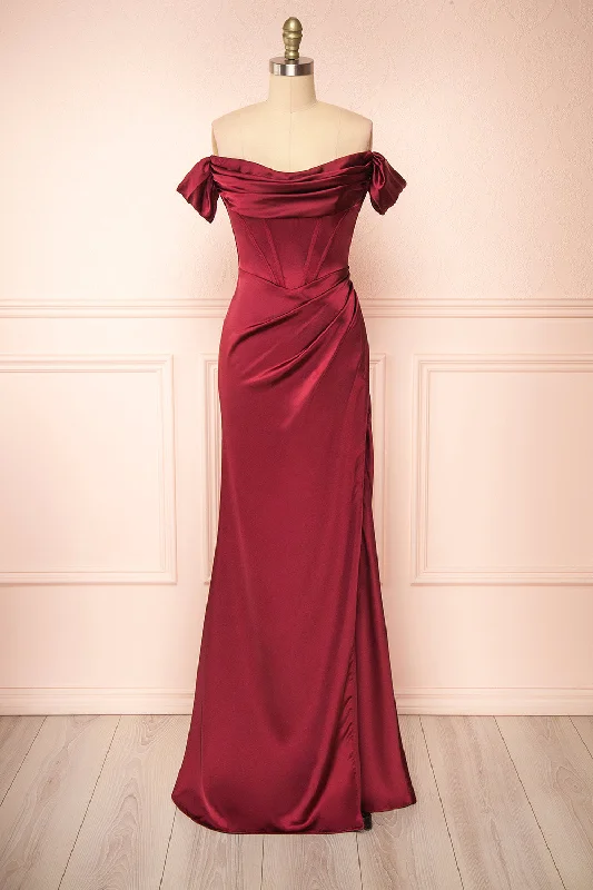 Evolet Burgundy | Off-Shoulder Corset Maxi Dress Elegant Pleated Maxi Dress
