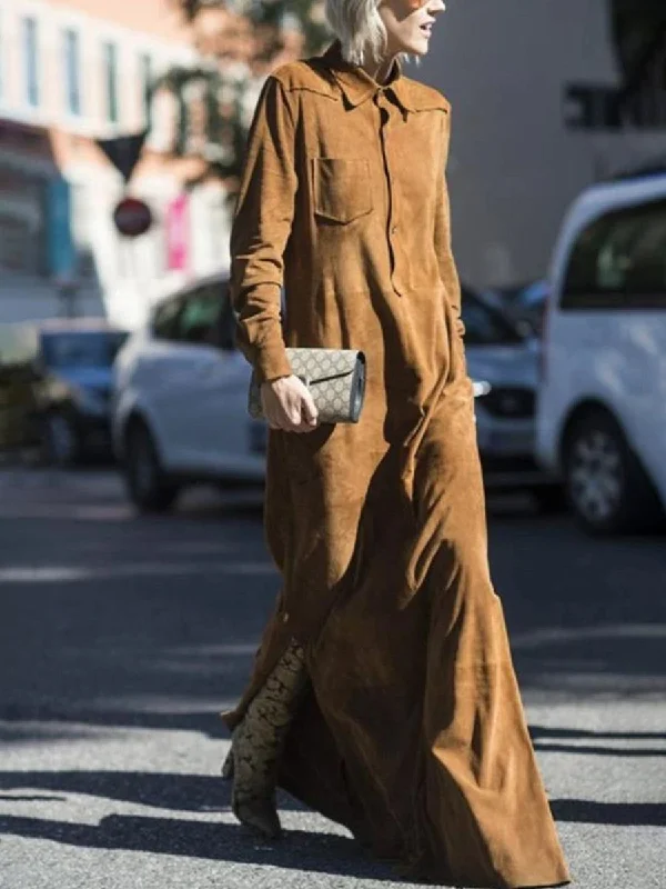 Fashion Pure Color Open Long Sleeves Maxi Dress