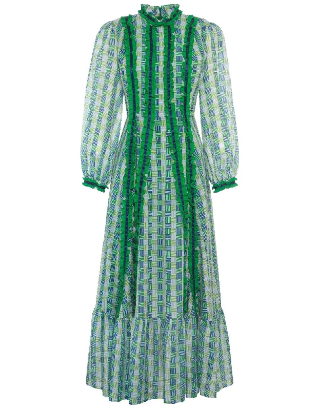 Gigi Blue Green Hopscotch Print Silk Voile Maxi Dress