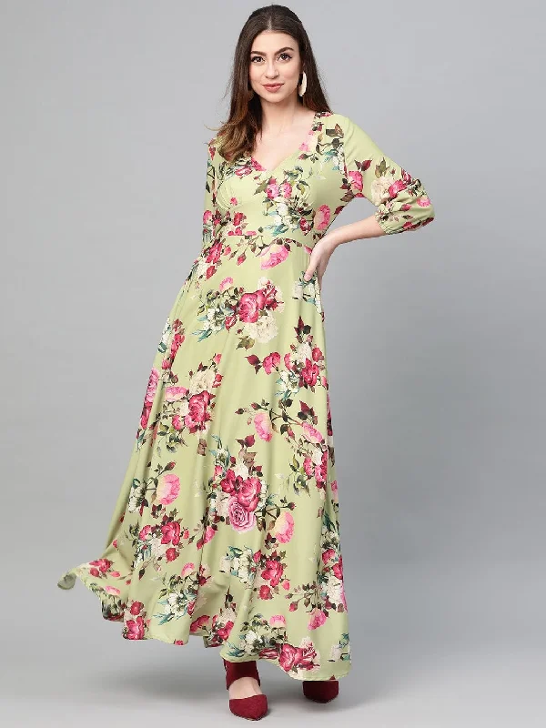 Women's Green Floral Flared Maxi Dress - SASSAFRAS