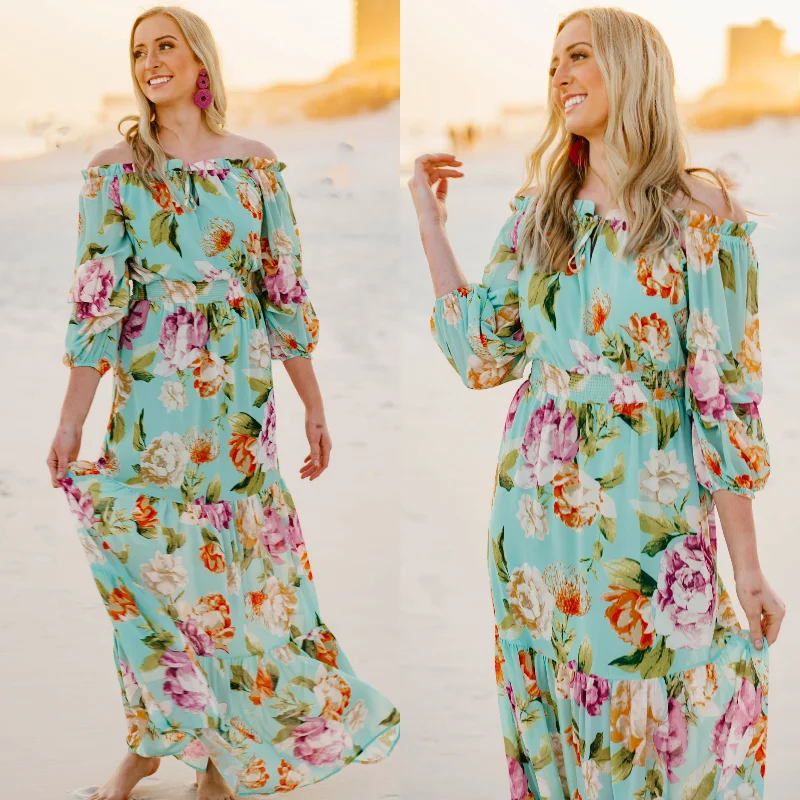 Last Chance Size Small & Medium | In Focus Light Off the Shoulder Floral Maxi Dress in Mint Green Comfortable Plunging Neckline Maxi Dress