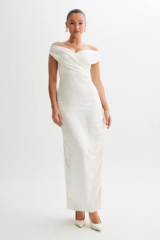 Harley Off Shoulder Satin Maxi Dress - Ivory Comfortable Fitted Maxi Dress