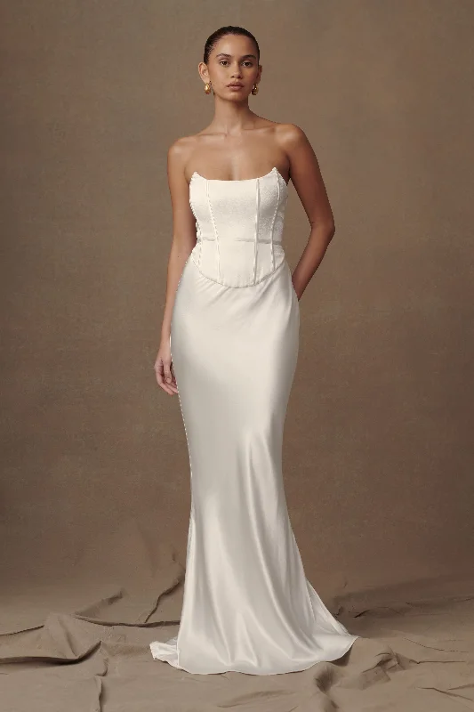 Harlow Satin Strapless Maxi Dress - Ivory Comfortable Maxi Dress with Belt