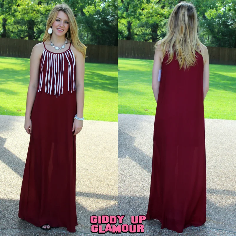 Last Chance Size Small | I'm So Fringy Maxi Dress in Maroon & White Stylish Off-Shoulder Maxi Dress