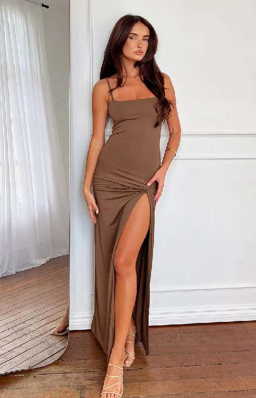 Jacinta Brown Maxi Dress Cozy Spaghetti Strap Maxi Dress