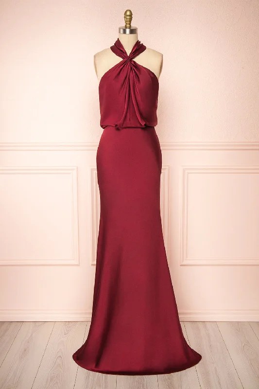 Jinny Burgundy | Satin Halter Maxi Dress Cozy Open-Back Maxi Dress