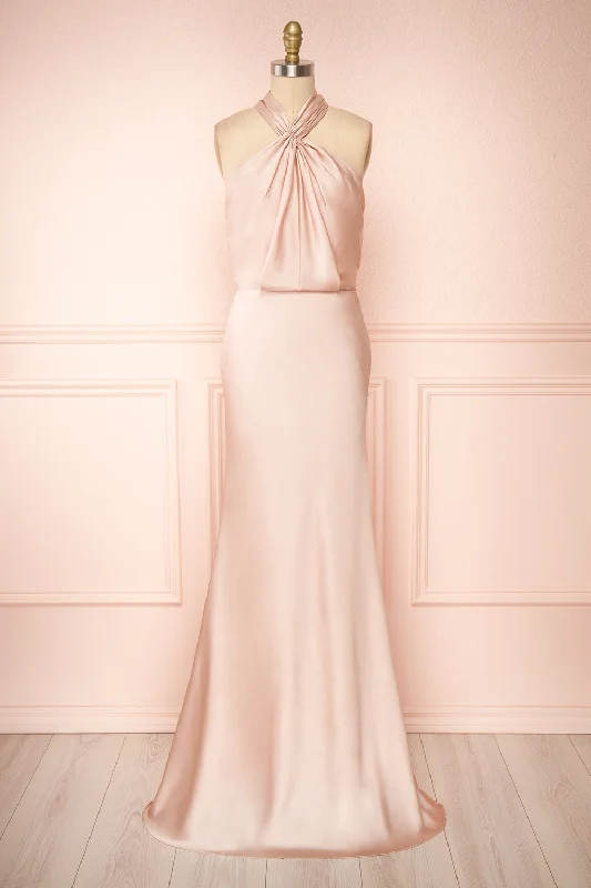 Jinny Champagne | Satin Halter Maxi Dress Elegant Pleated Maxi Dress