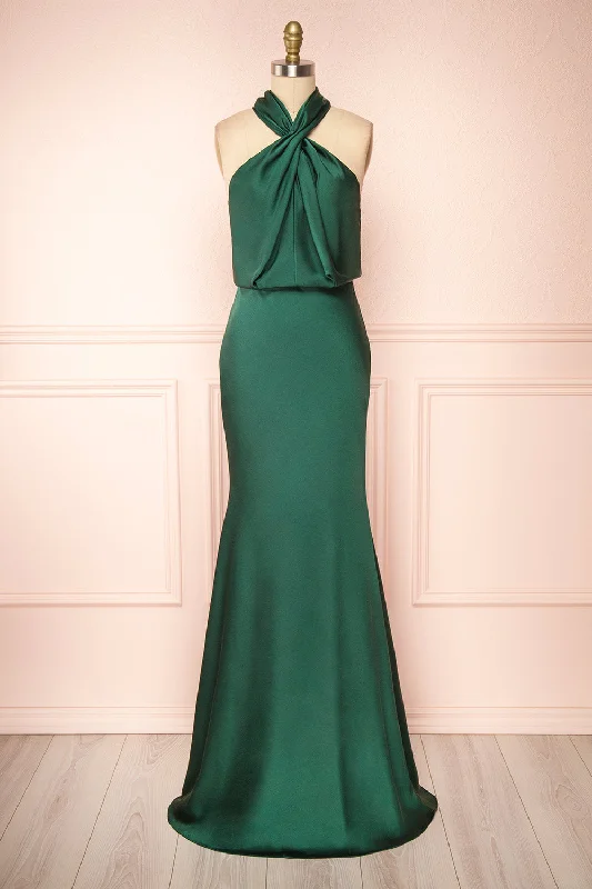 Jinny Emerald | Satin Halter Maxi Dress Elegant Maxi Dress with Pockets