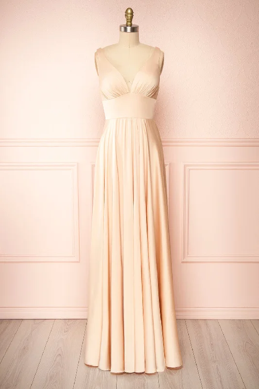 Johanie Champagne | Satin Maxi Dress Elegant Tiered Maxi Dress