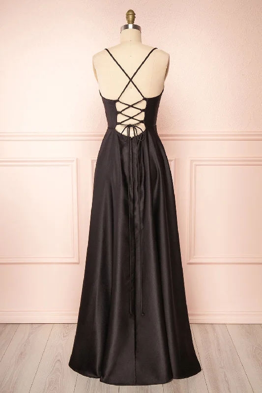 Julia Black | Satin Maxi Dress w/ High Slit Trendy Maxi Dress with Belt