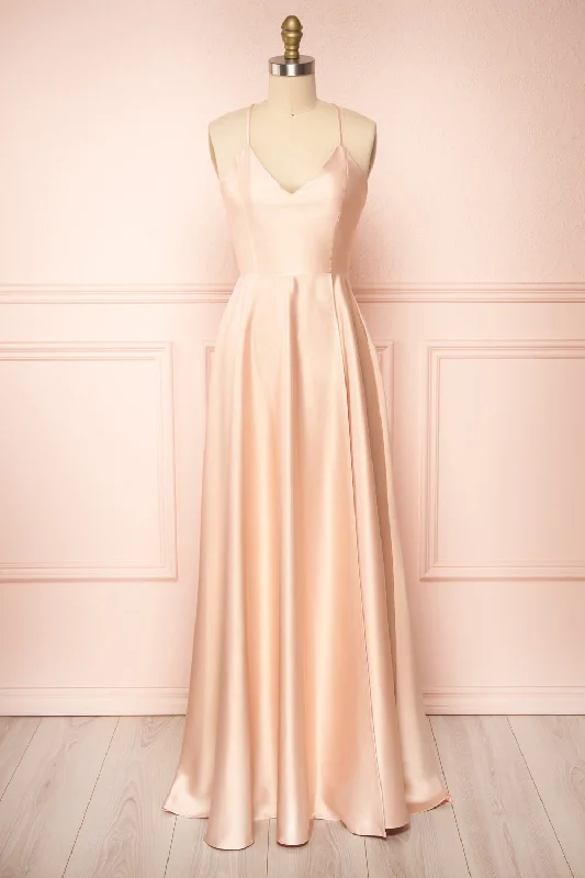 Julia Blush | Satin Maxi Dress w/ High Slit Stylish One-Shoulder Maxi Dress