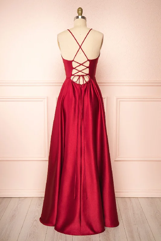 Julia Burgundy | Satin Maxi Dress w/ High Slit Chic Button-Up Maxi Dress