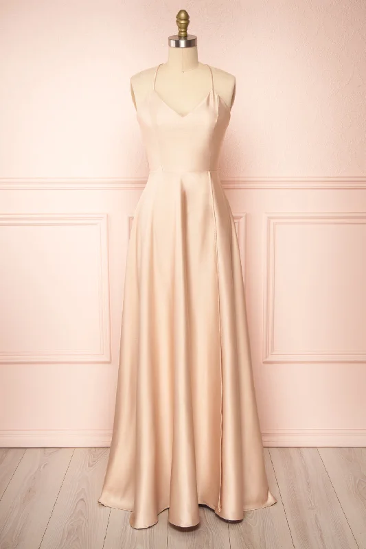 Julia Champagne | Satin Maxi Dress w/ High Slit Classic V-Neck Maxi Dress