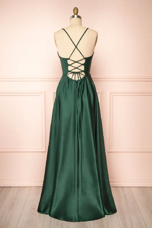 Julia Green | Satin Maxi Dress w/ High Slit Classic Solid Maxi Dress