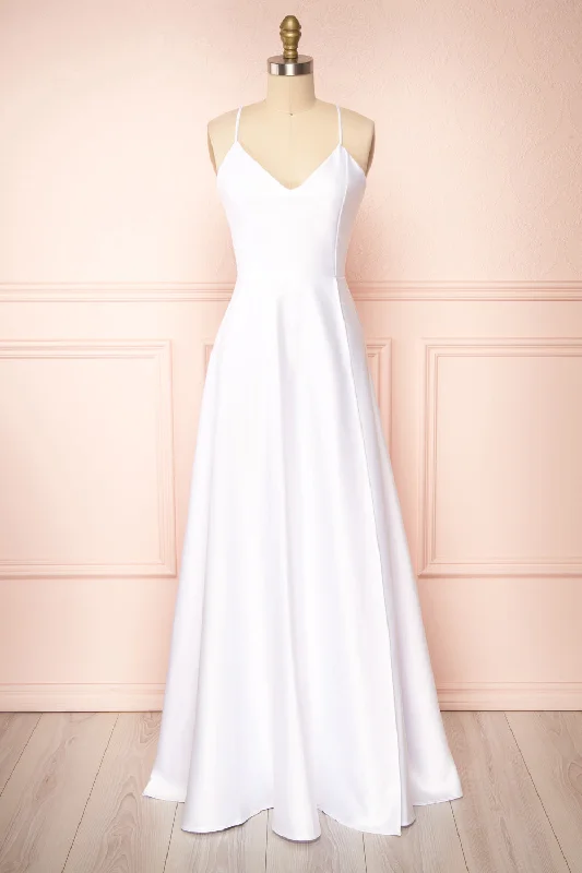 Julia Ivory | Satin Maxi Dress w/ High Slit Comfortable Long-Sleeve Maxi Dress