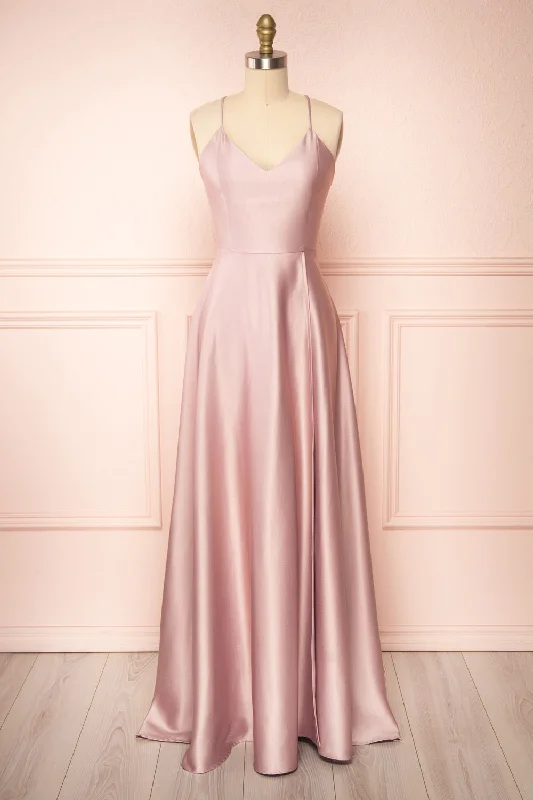 Julia Mauve | Satin Maxi Dress w/ High Slit Cozy Spaghetti Strap Maxi Dress