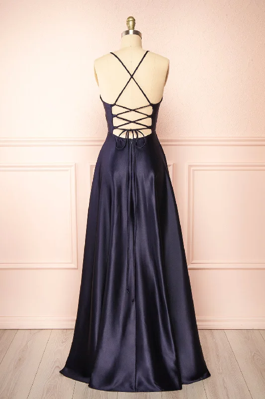 Julia Navy | Satin Maxi Dress w/ High Slit Comfortable Casual Maxi Dress