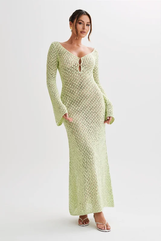 Kayleigh Crochet Fishtail Flare Sleeve Maxi Dress - Seafoam Green Trendy Printed Maxi Dress
