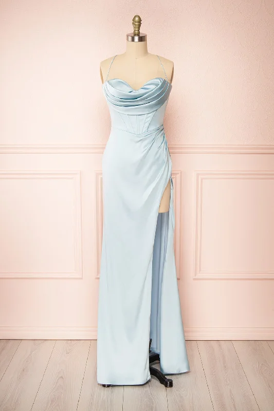 Kesha Blue | Corset Cowl Neck Maxi Dress Fashionable Layered Maxi Dress