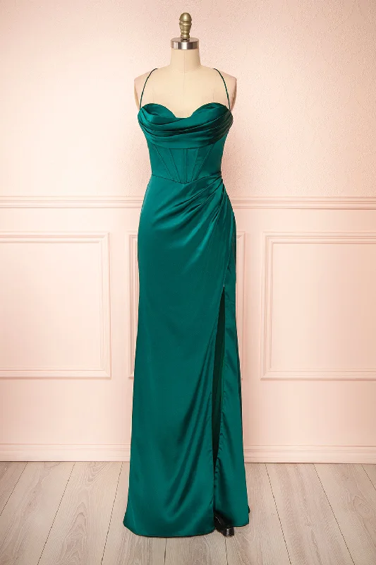 Kesha Green | Corset Cowl Neck Maxi Dress Cozy Open-Back Maxi Dress