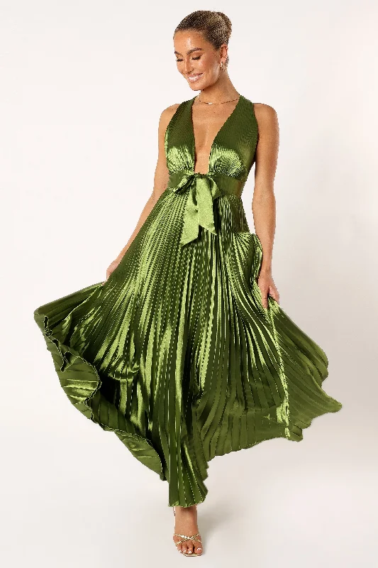 Kris Pleated Maxi Dress - Martini Olive Elegant Boho Maxi Dress