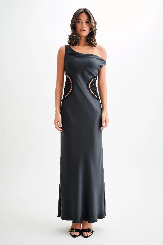 Kristina Satin Maxi Dress With Crochet - Black Comfortable Maxi Dress with Slits