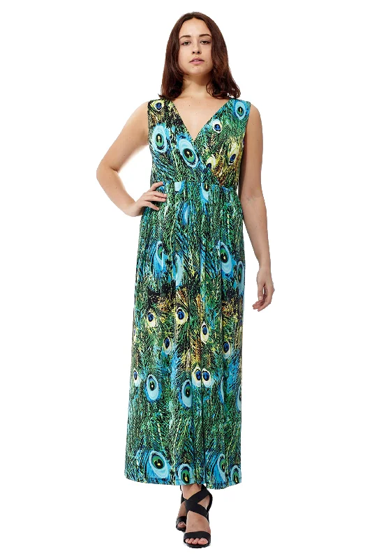 La Cera Peacock Printed Sleevless Maxi Dress Stylish V-Neck Maxi Dress