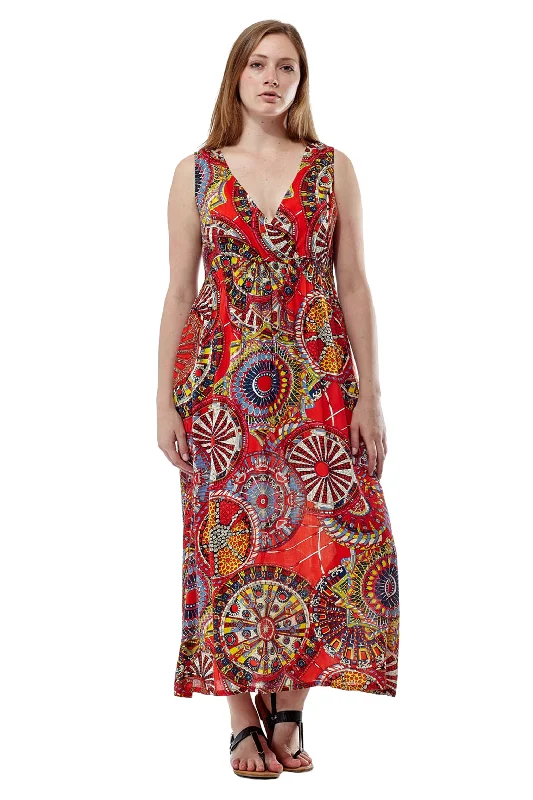 La Cera Red Sleeveless V-Neck Maxi Dress Comfortable Ruffle Hem Maxi Dress