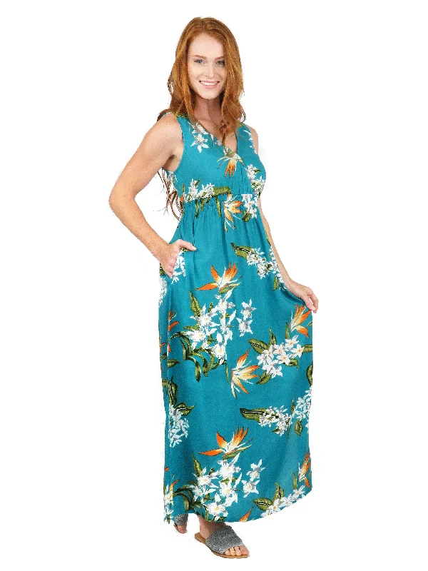 La Cera Teal Floral Printed Sleeveless Rayon Maxi Dress Elegant Sleeveless Maxi Dress