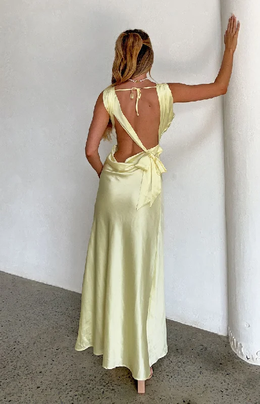 Laria Yellow Satin Formal Maxi Dress Comfortable Fit-and-Flare Maxi Dress