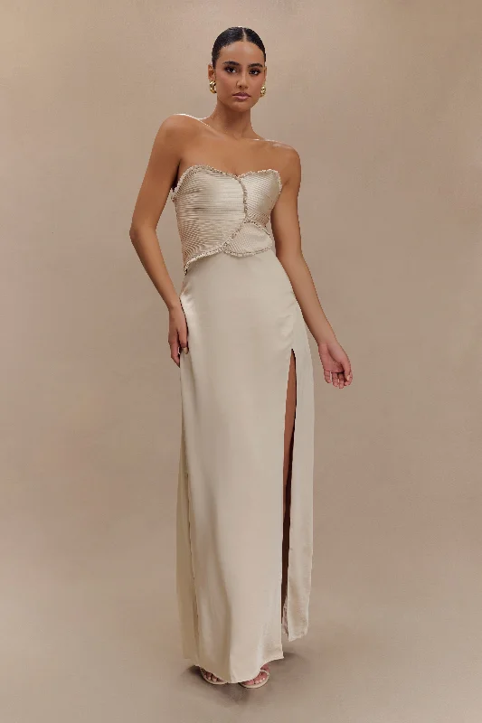 Larissa Satin Maxi Dress With Ruched Petals - Champagne Trendy Ruffled Maxi Dress