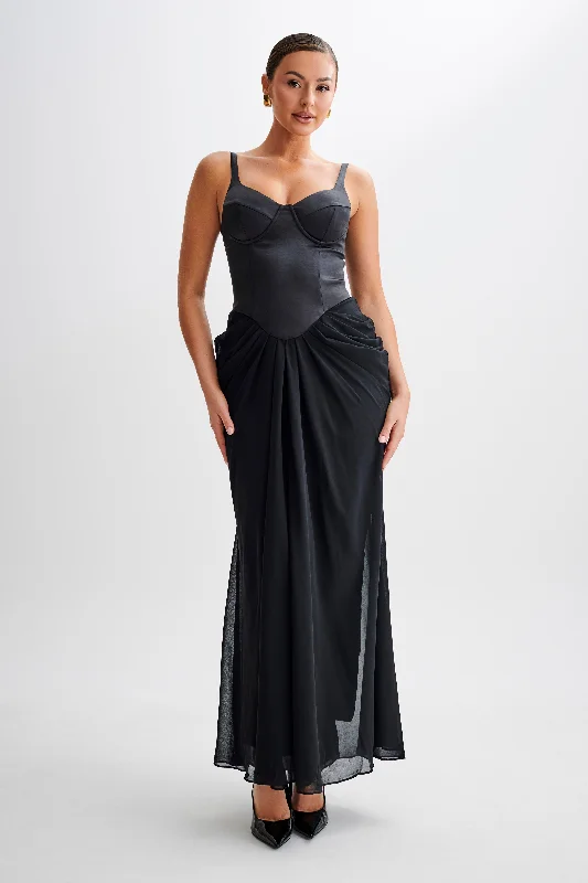 Leila Satin Corset Maxi Dress - Black Classic Strapless Maxi Dress