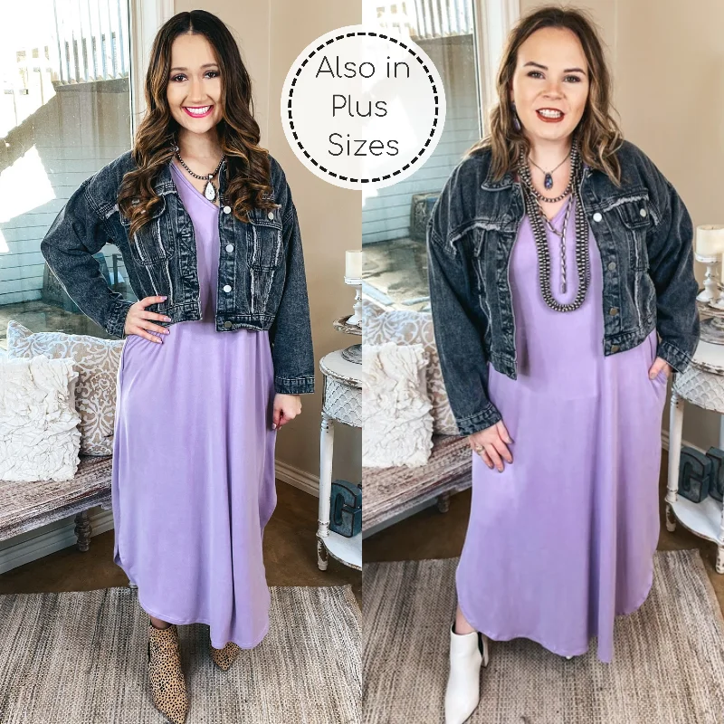 Last Chance Size Small | Simple Love Tee Shirt Maxi Dress in Lilac Purple Elegant Lace Maxi Dress