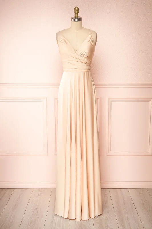 Lizza Beige | Satin Maxi Dress w/ Slit Cozy Wrap Maxi Dress