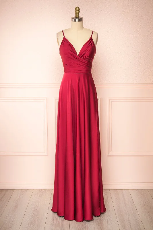Lizza Burgundy | Satin Maxi Dress w/ Slit Fashionable Maxi Dress with Fringe