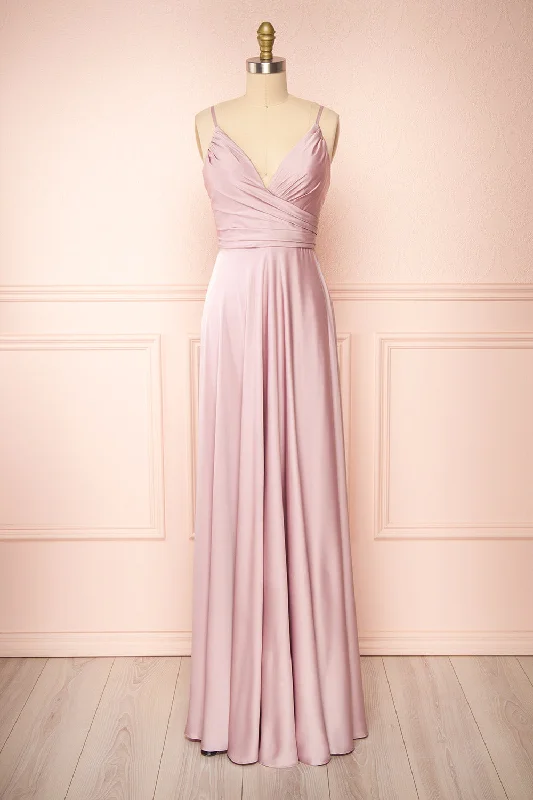Lizza Mauve | Satin Maxi Dress w/ Slit Elegant Maxi Dress with Lace