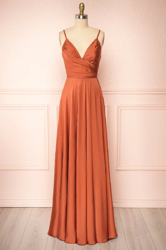 Lizza Rust | Satin Maxi Dress w/ Slit Fashionable Chiffon Tiered Maxi Dress