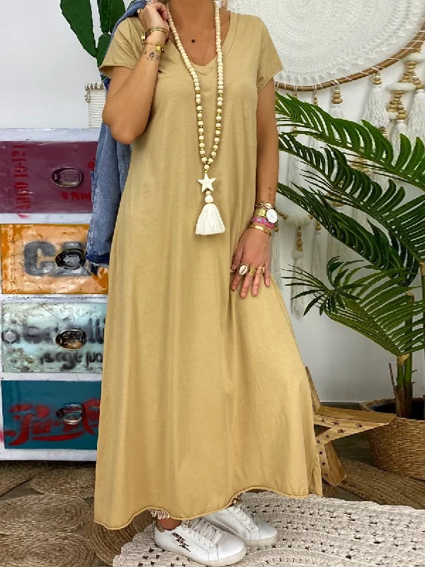 Loose Casual V-Neck Comfortable Soft Maxi Dress Stylish Maxi Dress with Pleats