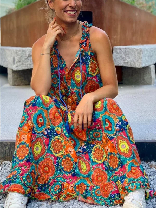Loose Casual Vintage Floral Print Maxi Dress Comfortable Satin Maxi Dress