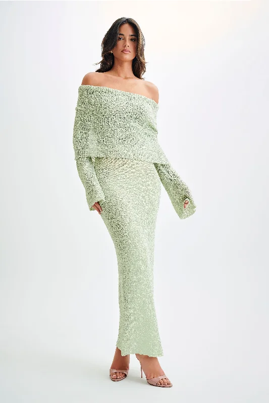 Marisol Off Shoulder Boucle Maxi Dress - Pastel Green Stylish Boho Maxi Dress
